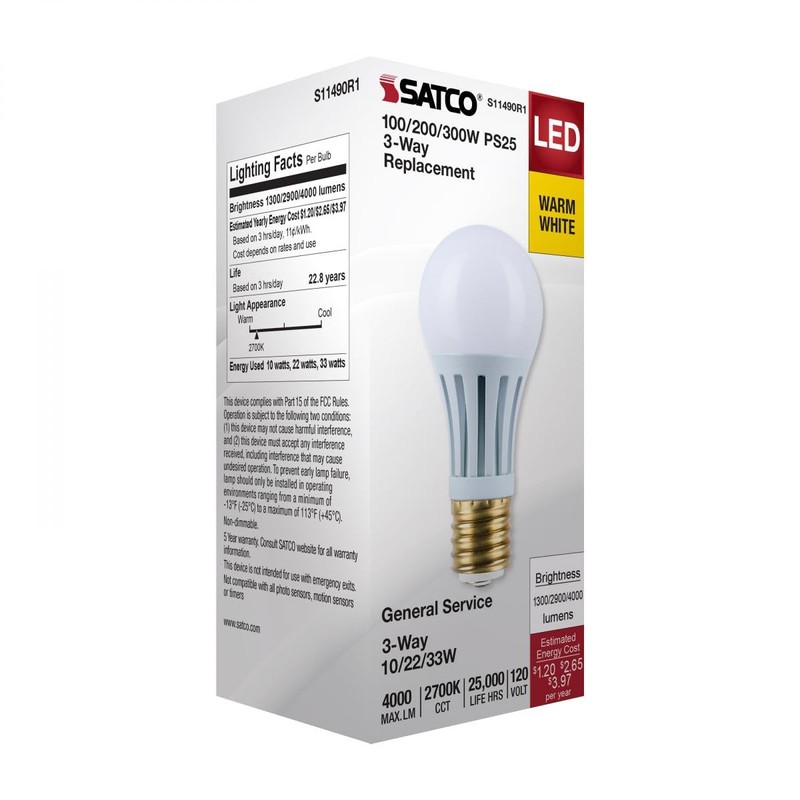 Satco LED Three-Way Lamp, 10/22/33W, Mogul Base, 2700K, White Finish