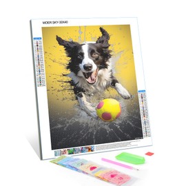 MOER SKY DIY Diamond Art Border Collie with Yellow Ball Dog Diamond Painting, Full Round Diamond Kits for Adult Beginners, for Room Decor Wall Decor Gifts12x16inch