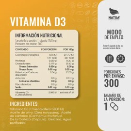 Vitamina D3 5000 UI 300 caps, Refuerza sistema Inmune, Calcio para Huesos y Dientes, Funcionamiento Muscular, Calidad Premium                         