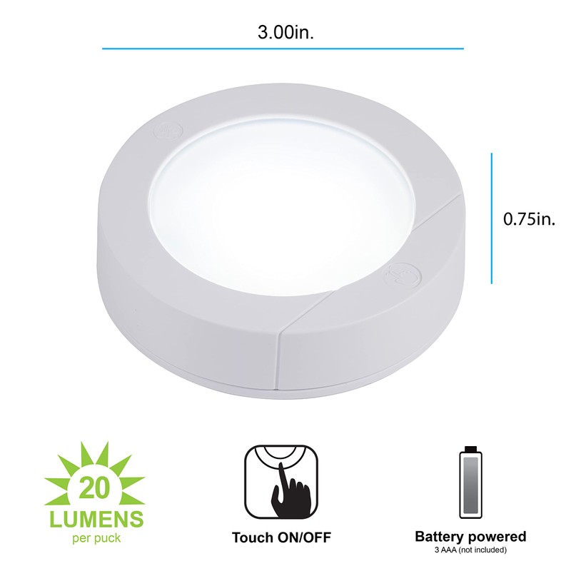 GE Touch Activated LED Puck Lights, 20 Lumens, White, 25434