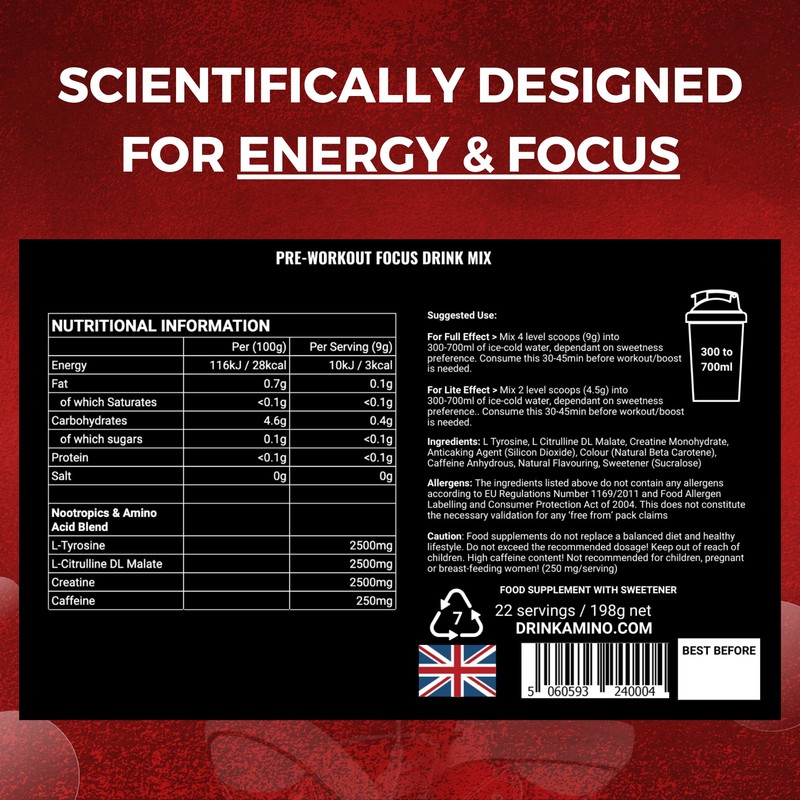 Amino Focus - Pre Workout Powder - 8000mg Nootropics with