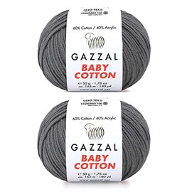 Gazzal Baby Cotton 60% Cotton 40% Acrylic 2 Balls (50g Balls) 165m Soft 2 - Fine Baby Yarn (3450 Grey)