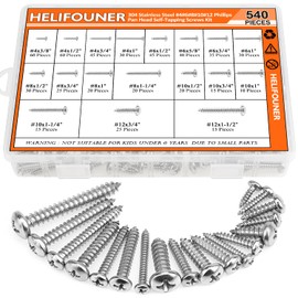 540 Pieces #4#6#8#10#12 Wood Screws Set, HELIFOUNER 18 Sizes Phillips Pan Head Self-Tapping Screws Assortment Kit, Phillips Pan Head Wood Screws, 304 Stainless Steel