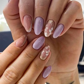 Floral Press on Nails Lilac Purple Fake Nails Gold Foil Glue on Nails Spring Nails Short Almond False Nails with Design Glossy Reusable Acrylic Full Cover Stick on Nails for Women Manicure 24Pcs