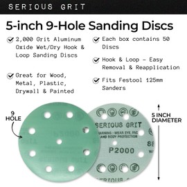 Serious Grit - 5-Inch 9-Hole 2000 Grit Sanding Discs - Heavy-Duty Hook & Loop Film Discs - Sandpaper for Random Orbital Sanders - 50 Pack Box