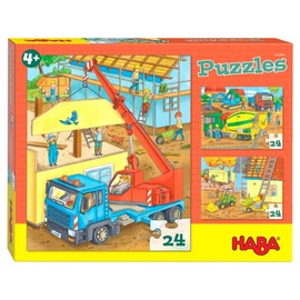 HABA 305469 Jigsaw Puzzles on the Construction Site, Puzzle Collection with 3 Construction Site Motifs for Children from 4 Years, Construction Site Puzzles with 24 Pieces Each for Training