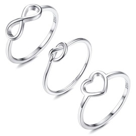 MILACOLATO 3Pcs Sterling Silver Rings - 18K White Gold Plated Infinity Knot Rings Simple Heart Rings Love Knot Rings for Women Size 5 to 9