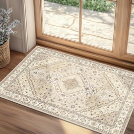 Yamaziot Washable Area Rug 2x3 – Non Slip Entrance 2x3 Rug Small Boho Vintage Door mat, Low Pile Soft Small Floor Carpet for Entryway Living Room, Bedroom, Kitchen, Entrance Indoor, Beige Brown