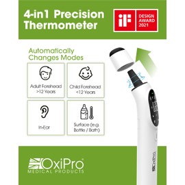 OxiPro TH2 4-in-1 Digital Thermometer with LED Light - Award-Winning Infrared Ear, Forehead, Baby Bath, Bottle & Surface Thermometer - German Sensor - CE Approved - MHRA Registered - NHS Supplier