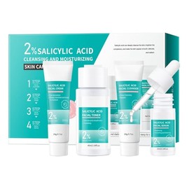 4PCS 2% Salicylic Acid Skin Care Set, Facial Cleanser, Toner, Serum, Cream