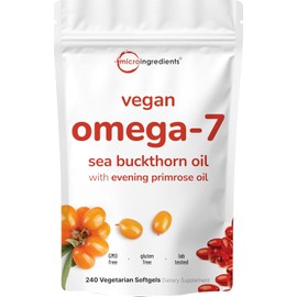 Vegan Omega 7 Sea Buckthorn Oil 6,000mg, 240 Veggie Softgels | 2-in-1 with Evening Primrose Oil | Natural Support for Hair, Skin, & Nails | Combats Dryness | Plant Based, Non-GMO, Gluten Free