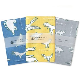 Gauze Tenugui, Set of 3, Dinosaur Yellow, Gray, Blue, Made in Japan, 100% Cotton, 34.6 x 13.8 inches (88 x 35 cm), Iroha Mameo Series