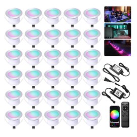 INDARUN Deck Lights Outdoor Waterproof 30 pcs, Φ1.22 RGB Smart 12V Low Voltage LED Recessed Deck Lighting with Remote, Work with Alexa/Google, Outdoor Step Stair Lights for Floor Landscape Lighting