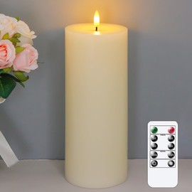 Wroxipel 4" x10" Flameless Flickering Remote Ivory Candles with Candle Grease and Timer, LED Battery Operated Fake Real Wax 3D-Wick Pillar Candles, Pack of 1