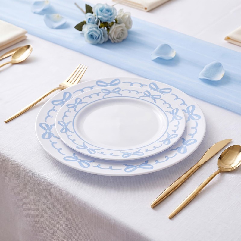 60 Pcs Blue Plastic Plates Set for Wedding Party Guests