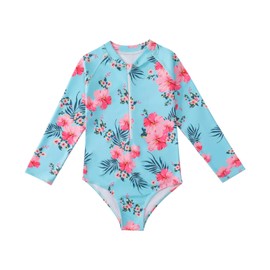 HILEELANG Little Girls Long Sleeve Rash Guard Swimsuit Sun Protection Light Blue Floral Half Zip One Piece Swimwear Bathing Suit 6-7 Years
