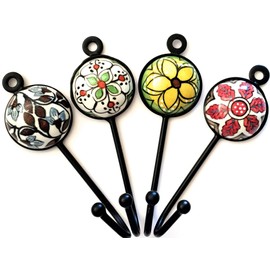 French Furniture Fittings Set of 4 Mixed Ceramic, Vintage Shabby Chic Look Coat, Clothes, Jewelry and Key Hooks for Wall or Door, Beautiful Hangers by FFF