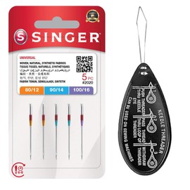 Singer Universal 2020 Sewing Machine Needles, Packet of 5, Assorted Sizes 80/12, 90/14 & 100/16, Includes Large Needle Threader