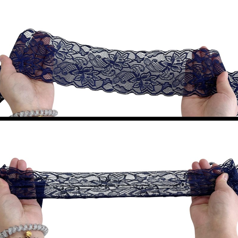 10 Yards Navy Blue Floral Stretch Lace Trim, 3 Inch