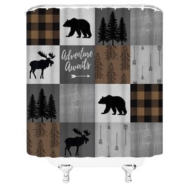YSSFAV Rustic Cabin Shower Curtain Bear Deer Moose Camping Lodge Hunting Country Plaid Check Bathroom Decor Curtains Set with Hooks, 70" W x 70" H