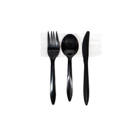 Medium Heavy Weight Black Cutlery Kit - 250 Sets of Individually Wrapped Black Plastic Cutlery Packets (4-piece Kit)