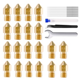 32 Pcs 3D Printer Nozzle Kit with MK8 Brass Nozzles 0.2mm, 0.3mm, 0.4mm, 0.5mm, 0.6mm, 0.8mm 20pcs for PLA ABS PETG Filaments, Wrench & Tweezers & 10 Needles, Suitable for CR-10, Ender 3 Printers