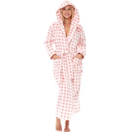 Alexander Del Rossa Women's Robe, Long Plush Bathrobe, Hooded Robe Plus Size Blush Gingham Check Large (A0116AEGLG)