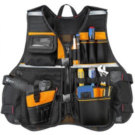 Electrician Tool Vest for Men, Tool Vest Electrician with Molded Drill Holster, 1680D Heavy Duty Adjustable Work Vest, Reflective Workwear with 16 Storage Spaces, Fits Chest 37"–64", Orange