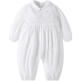 Booulfi Gender Neutral Baby Clothes Fall Winter Baptism Christening Outfits For Boys Girls Peter Pan Collar White Romper Footless Long Sleeve Baby Sleepers,12-18 Months