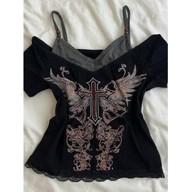 Emo Grunge Shirts Women 2000s Graphic Baby Tees Fake Two Piece Short Sleeve Vintage Y2k Crop Top Goth Alt Clothes (Black Red,M,Medium)