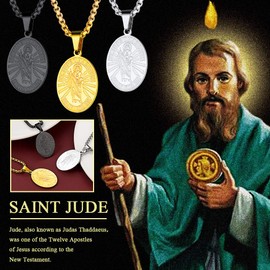 FaithHeart Stainless Steel Men’s Necklace with Saint Christopher/Saint Paul/Saint Anthony/Saint Thomas/Saint Patrick/Saint Joseph/Saint Augustine, Silver/18K/Black, Oval/Round, 08 Saint Jude Thaddeus, 03 Black/Oval