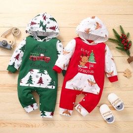 PythJooh Baby Boy Girl 1st Christmas Outfits Unisex Infants One-Piece Long Sleeve Merry Christmas Deer Floral Hoodie Jumpsuit for 0-18Months