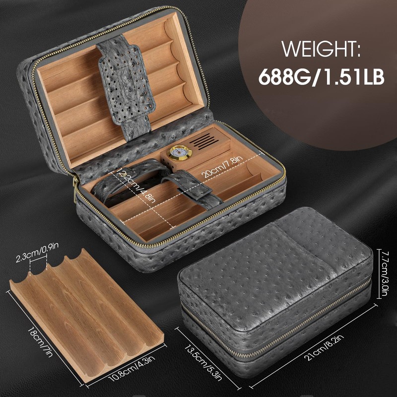 Scotte Cigar Humidor Box, Cigar Lighter Cedar Wood Lined Leather
