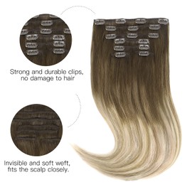 hotbanana Clip in Real Hair Extensions, 45 cm, 120 g, 7 Pieces, Walnut Brown to Ash Brown and Bleach Blonde, Clip-in Real Hair Extensions, Straight, Remy Human Hair Clip-in Hair Extensions
