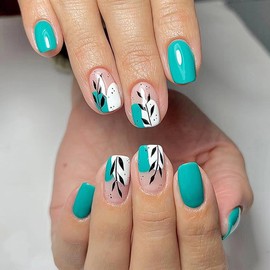 Fall Square Press on Nails Short Fake Nails with Leaf Designs Autumn Acrylic Nails Pink Stick on Nails Artificial Glossy Nails Glue on Nails for Women and Girls 24Pcs