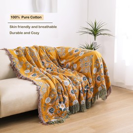VANJOROY Large Boho Throw Blanket, 100% Organic Cotton Soft Sofa Bed Throw-Floral Farmhouse Decor Blanket, Reversible Throw for Couch Quilt and Gift, 60" x 80"-Yellow