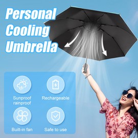 WOOLALA UV Sun & Rain Umbrella with Built-in Cooling Fan, Portable Foldable Design, UPF 50+ Protection, USB Rechargeable for Sports Games, Theme Parks on Hot Days