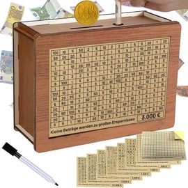 Wooden Money Box with Savings Target, Retro Money Box Storage Box, Reusable Money Box with Counter, €500 €1,000 €2,000 €3,000 €5,000 €10,000 Euro, Helps Children Save the Habit
