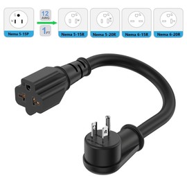 12AWG Right-Angle Plug Adapter 90-Degree 15Amp to 20Amp 1FT, 15 Amp Household Plug to 20 Amp T Blade Adapter Extender, Nema 5-15P to 5-15R/5-20R, 5-15P to 6-15R/6-20R, Angled 15A to 20A Extension cord