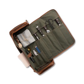 Angus Stoke premium leather knife bag-case, XXL chef's roll bag with huge storage space and extras - waxed vintage buffalo leather, Arvid (Walnut-Brown)