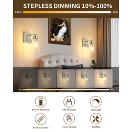 Rayogale Battery Operated Wall Sconce Set of 2, Rechargeable, Cordless, Dimmable, Touch Control, 3000K, USB-C Charging for Living Room, Bedroom Nickel (Include 2 Special Bulbs)