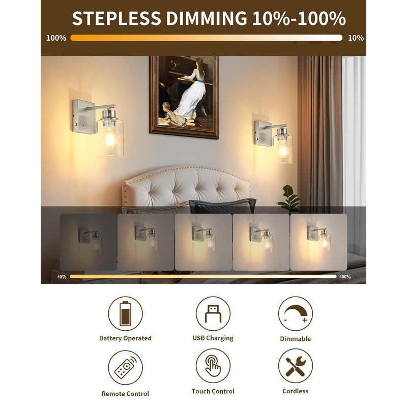 Rayogale Battery Operated Wall Sconce Set of 2, Rechargeable, Cordless,