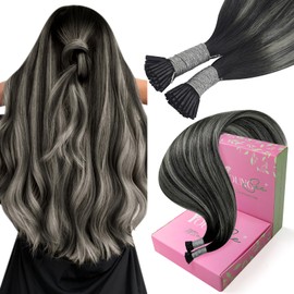 YoungSee Hair Extensions I Tip Human Hair Ombre I Tip Hair Extensions Real Human Hair Black Balayage Silver Itip Hair Extensions for Women 24In Keratin Tip Extensions Fusion Hair Extensions 50g 50s