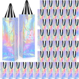 Windyun Wine Gift Bags with Handle Reusable Small 13.8x3.5x3.9 Inches Liquor Bottle Totes Bulk for Birthday Wedding Christmas Holiday Party(100 Pcs,Iridescent)