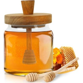 Honey Pot with Dipper and Lid - 18oz Glass Honey Jar with Wooden Honey Dippers Stick Set,  Honey Containers - Airtight Syrup Dispenser for Home Kitchen