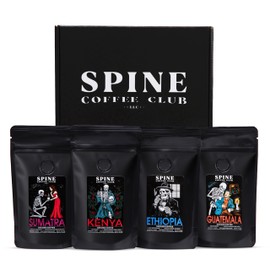 Spine Coffee Club LLC 4-Pack Gourmet Coffee Sampler Gift Box Set with Ethiopia, Sumatra, Guatemala, Kenya Single Origin Selection – Ground Coffee