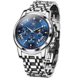 OLEVS Silver Watches for Men Blue Chronograph Stainless Steel Mens Watches Big Face Classic Luxury Men's Wrist Watches with Date Waterproof Dress Male Watches, Relojes para Hombres