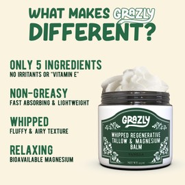 Grazly Whipped Beef Tallow for Skin w/Dead Sea Magnesium, Manuka Honey, Jojoba Oil & Vanilla - Grass Fed Beef Tallow Balm - Body & Face Moisturizer for Dry, Sensitive Skin - 2.5oz