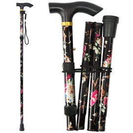 CLOKTA Folding Cane, 5-Level Adjustable Height Lightweight Portable Foldable Walking Canes with Wrist Strap and T Handle for Men Women Seniors (Floral Black)