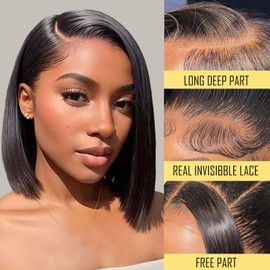 spca 10 Inch Bob Wig Human Hair 13x4 HD Lace Front Glueless Wigs Pre Cut Lace 180% Density Short Straight Bob Wigs Side Part Wigs for Black Women Pre Plucked with Baby Hair